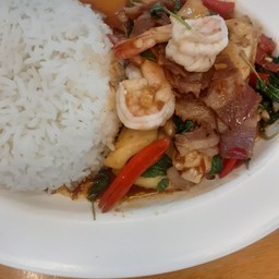 ผัดกระเพรารวมมิตรราดข้าว+ไข่ดาว