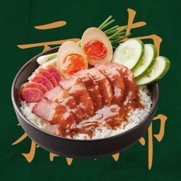 ข้าวหมูแดง กุนเชียง + ไข่ต้มซอส