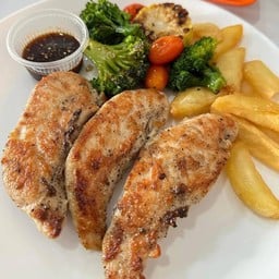 สเต็กอกไก่พริกไทยดำ น้ำจิ้มแจ่ว