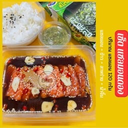 SET แซลมอนดอง+ข้าวญี่ปุ่น+สาหร่าย+น้ำจิ้ม