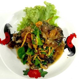 ผัดฉ่าปลาดุกทอด(ราดข้าว)