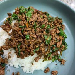 กระเพราเนื้อสับราดข้าว