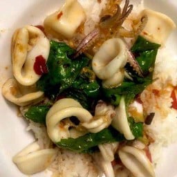 กระเพราปลาหมึกราดข้าว