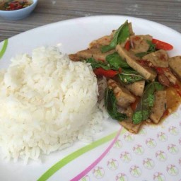 กระเพราหมูยอราดข้าว