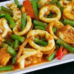 ผัดพริกแกงกุ้ง+ปลาหมึกกับข้าว