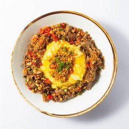 RI-10 Rice with creamy egg with salt and chili pork / ข้าวหน้าไข่ข้นหมูคั่วพริกเกลือ