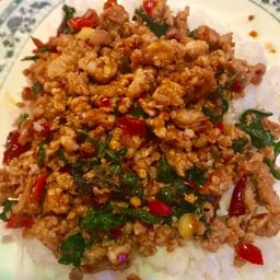 ข้าวราดผัดเผ็ดหมูสับใบยี่หร่า