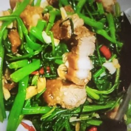 ข้าว ผักบุ้งไฟแดงหมูกรอบ