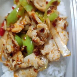 ผัดพริกสดหอมใหญ่ไก่ราดข้าว