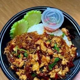 กะเพราวุ้นเส้นราดข้าว