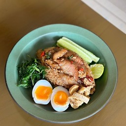Holy Basil Fried Rice with Grilled Pork Neck, Soft-Boiled Egg & Crispy Pork Cracklings