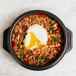 ข้าวราดกะเพราบิบิมบับไข่ออนเซ็น