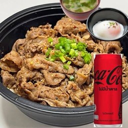 [อร่อยซ่ากับโค้ก] Set ข้าวสันคอหมูหมาล่า ซุปมิโซะและไข่ออนเซ็น +  โค้ก ไม่มีน้ำตาล (กระป๋อง)