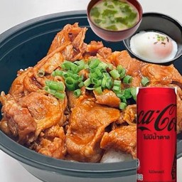 [อร่อยซ่ากับโค้ก] Set ข้าวสันคอหมูเกาหลี (โคชูจัง) ซุปมิโซะ ไข่ออนเซ็น + โค้ก ไม่มีน้ำตาล (กระป๋อง)