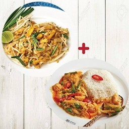 1Xข้าวเต้าหู้ผัดผงกะหรี่ l Tofu with curry powder, 1Xผัดไทย Pad Thai