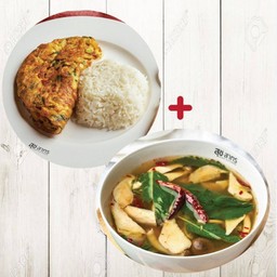 1Xข้าวไข่เจียวทรงเครื่อง Rice with Thai omelette, 1Xต้มยำเห็ด Spicy soup
