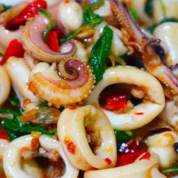 ข้าวกระเพราปลาหมึก+ท๊อปปิ้ง