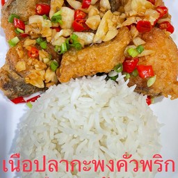 ข้าวราดเนื้อปลากระพงคั่วพริกเกลือ + เพิ่มไข่ดาวอีก 15 บาท