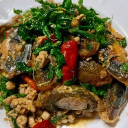 กระเพราไข่เยี่ยวม้า+หมูสับ +ข้าว