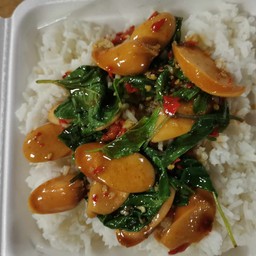 กะเพราไส้กรอก ราดข้าว