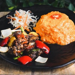 ข้าว ไข่ข้นมันกุ้ง ผัดพริกไทยดำ