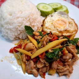 กะเพราไก่หน่อไม้ราดข้าว+ไข่ดาว