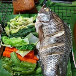 ปลานิลนึ่ง  น้ำจิ้มแจ่ว ผักต้ม