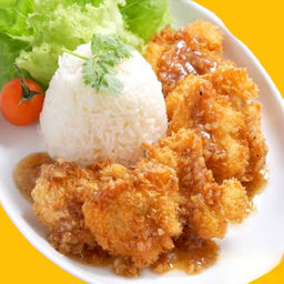 ข้าวไก่กรอบซอสกระเทียม