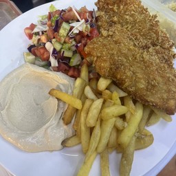 Schnitzel,humus,chip,salad