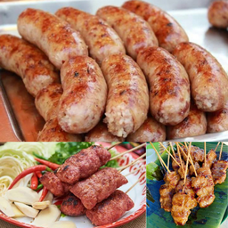 อิ่มสุขใจ  ไส้กรอก 1ไม้ แหนมย่าง 1ไม้ หมูปิ้ง 5 ไม้ ข้าวเหนียว 1ห่อ