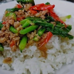 คะน้าหมูสับราดข้าว