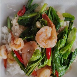 คะน้าผัดกุ้งราดข้าว
