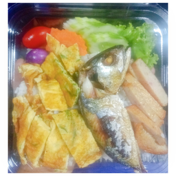 ข้าวน้ำพริกชะอมปลาทู หมูยอ