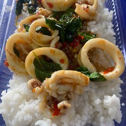 กะเพราหมึกราดข้าว