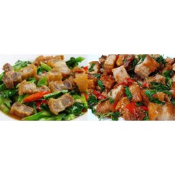 คะน้าหมูกรอบราดข้าว+กระเพราหมูกรอบราดข้าว