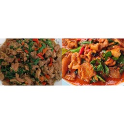 กระเพราเนื้อโคขุนราดข้าว+ผัดพริกแกงหมูชิ้นราดข้าว