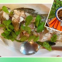 ปลากระพงนึ่ง+น้ำจิ้มซีฟู๊ด+ผักสด(50นาที)