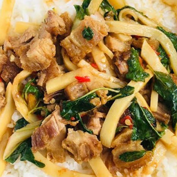 Crispy Pork Basil Rice With Pickled Bamboo Shoots