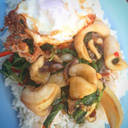 กระเพรารวมมิตรราดข้าว