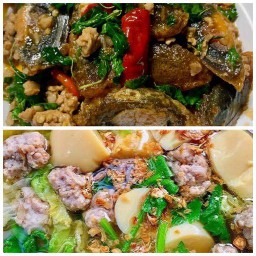 กระเพราไข่เยี่ยวม้า + แกงจืด เต้าหู้ หมูสับ
