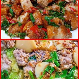 กระเพราหมูกรอบ+แกงจืดเต้าหู้หมูสับ