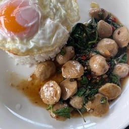 กะเพราลูกชิ้นเป็ดราดข้าว+ไข่ดาว