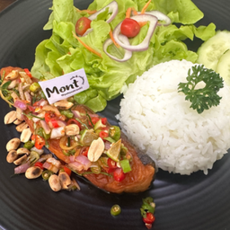 ปลาแซลม่อนลุยสวน+ข้าว