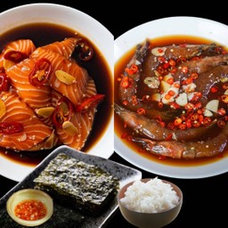 ชุดคู่รักเกาหลี แซลมอนดองซีอิ้ว 100 กรัม กุ้งดอง 10 ตัวข้าวญี่ปุ่น  สาหร่าย แถมฟรี น้ำจิ้มซีฟุ้ด 2 กระปุก