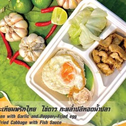 ข้าวสวย ไก่กระเทียมพริกไทย ไข่ดาว และกะหล่ำปลีทอดน้ำปลา