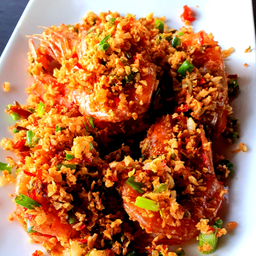 กุ้งคั่วพริกเกลือกับข้าว