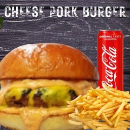 [อร่อยซ่ากับโค้ก] แฮมเบอร์เกอร์หมู + ชีส  +  โค้ก (กระป๋อง)