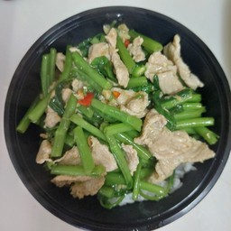 ข้าวหอมมะลิราดผักบุ้งหมู