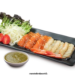 ซาชิมิแซลมอนกุ้งอากะเอบิดองซีอิ๊วญี่ปุ่น