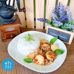 ข้าว ผัดเต้าหู้+เนื้อสัตว์